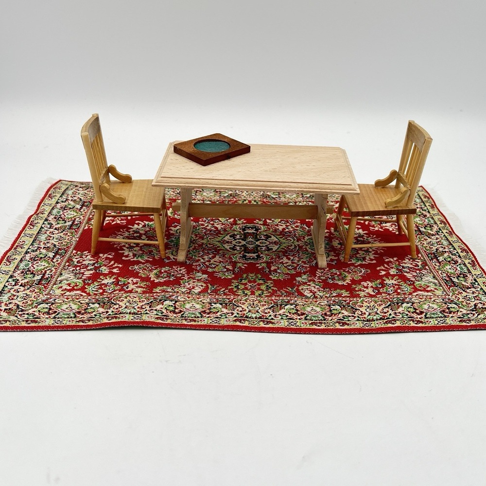 Vintage Wood, Dollhouse Kitchen‎ Table, Chairs, Serving Tray And Rug Set Of Five